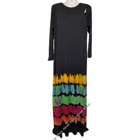 Colourful Tie Dye Dress Black Maxi Long Sleeve Maxi Dress - One Size- NEW ! - Picture 5 of 8